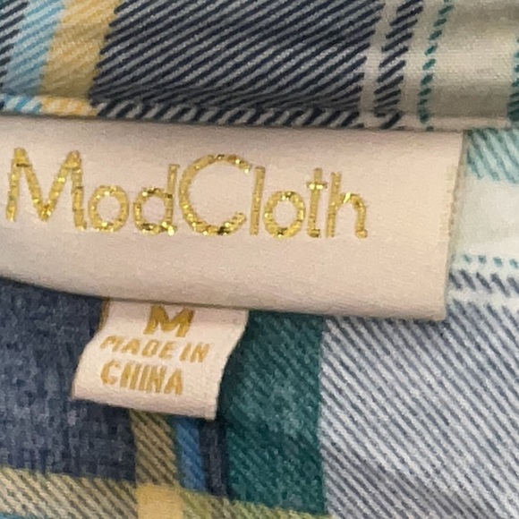 Vintage ModCloth Y2K Green Blue Cream Plaid Button Down Shirt Women’s Size M - Picture 3 of 5